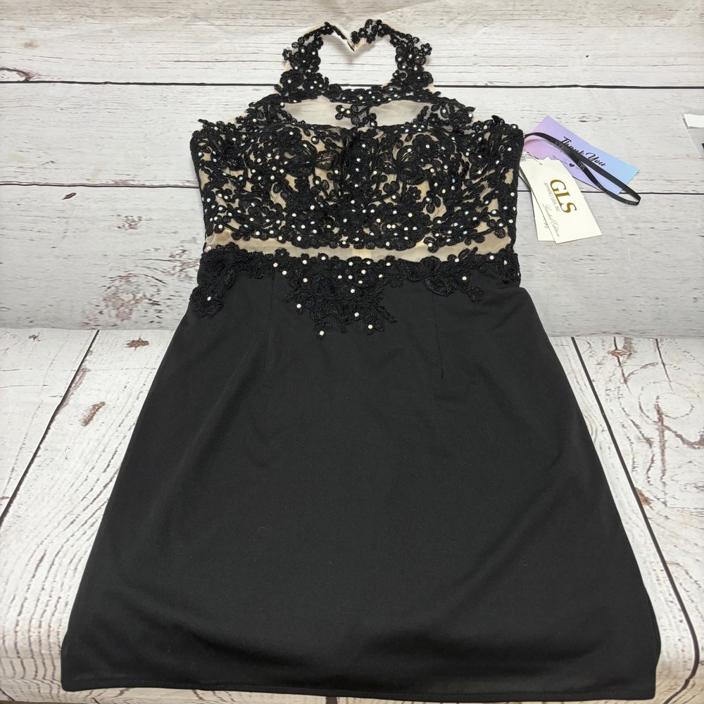 New Elizabeth K GLS Black Lace Halter Cocktail Dress Beaded Homecoming GS2402P M